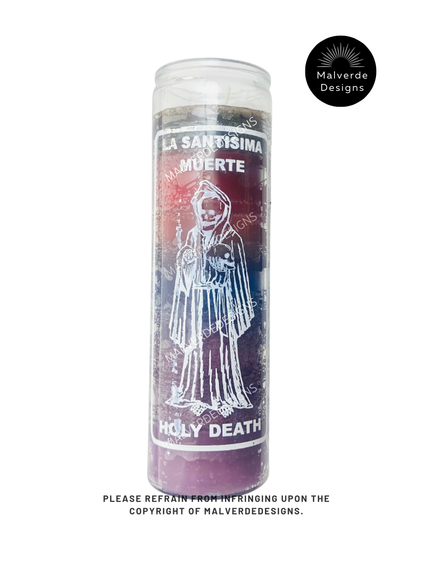 (7) Seven Color Holy Death Glass Candle, Siete Colores Vela De La Santa Muerte