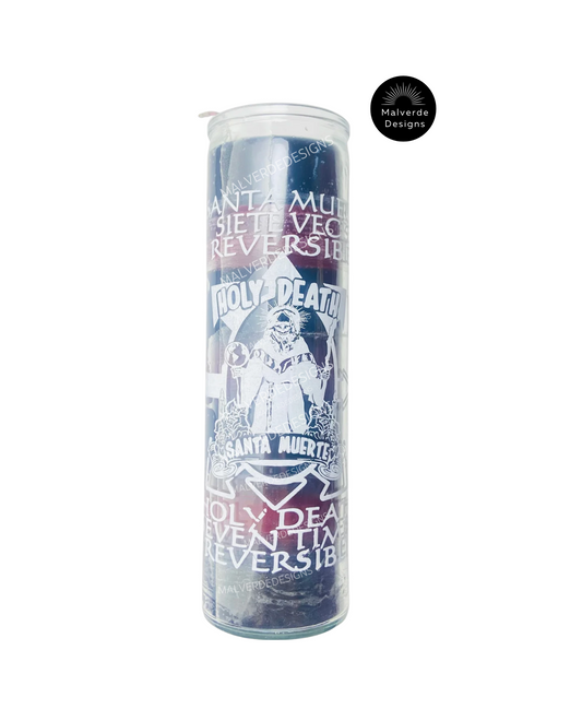 Seven Times Reversible Holy Death Glass Candle, Cleansing Candle, Siete Veces Vela De Vidrio de la Santa Muerte, Vela De Limpia